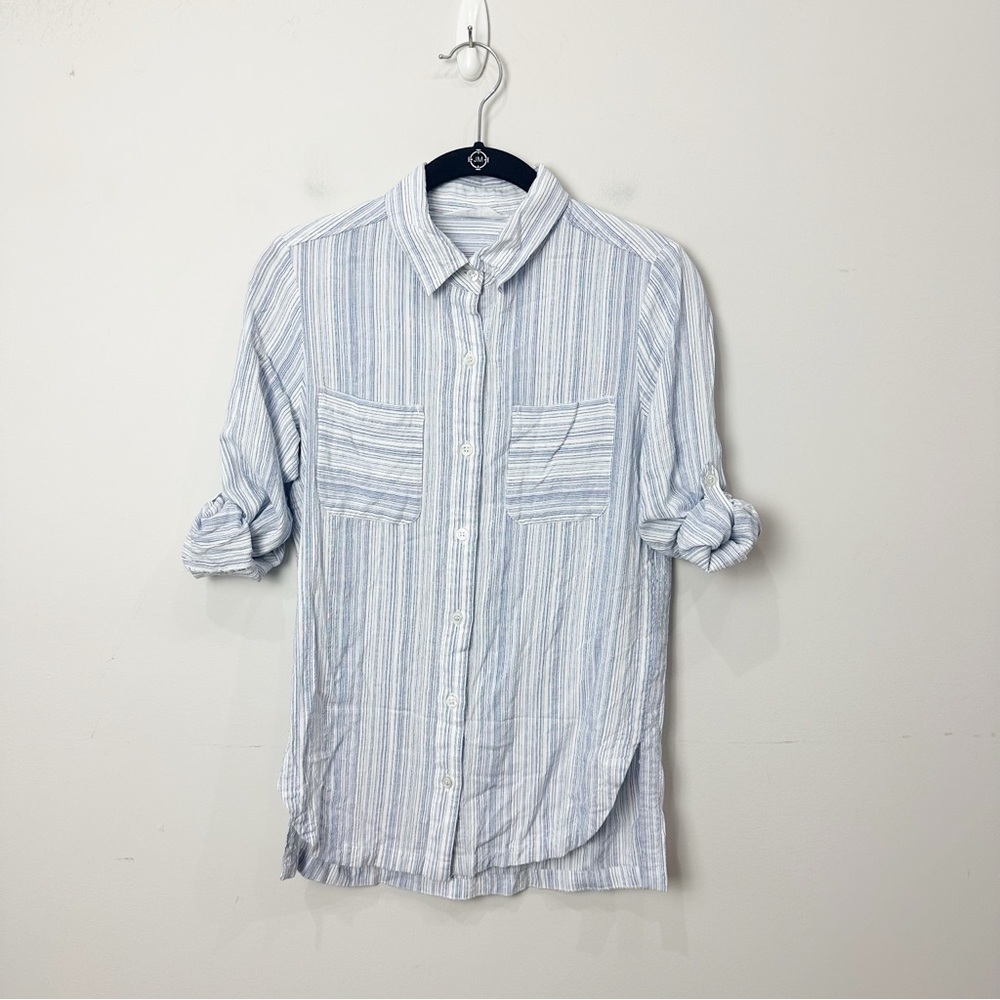 Athleta Striped Button Down Shirt White Blue Roll Up Button Tab